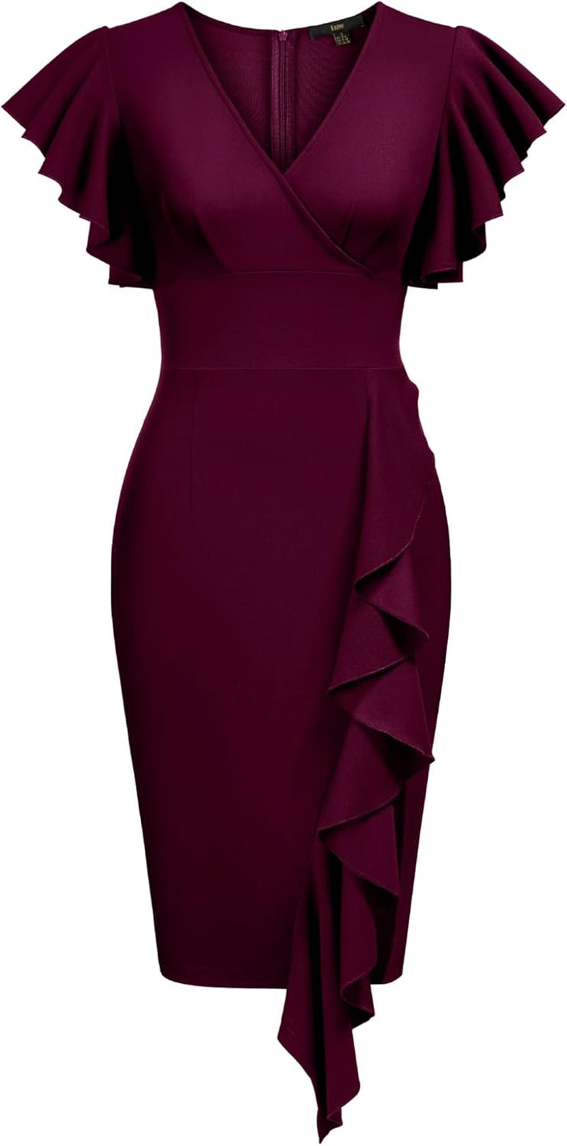 Women'S Deep-V Neck Ruffle Sleeves Cocktail Party Pencil Slit Formal Dress