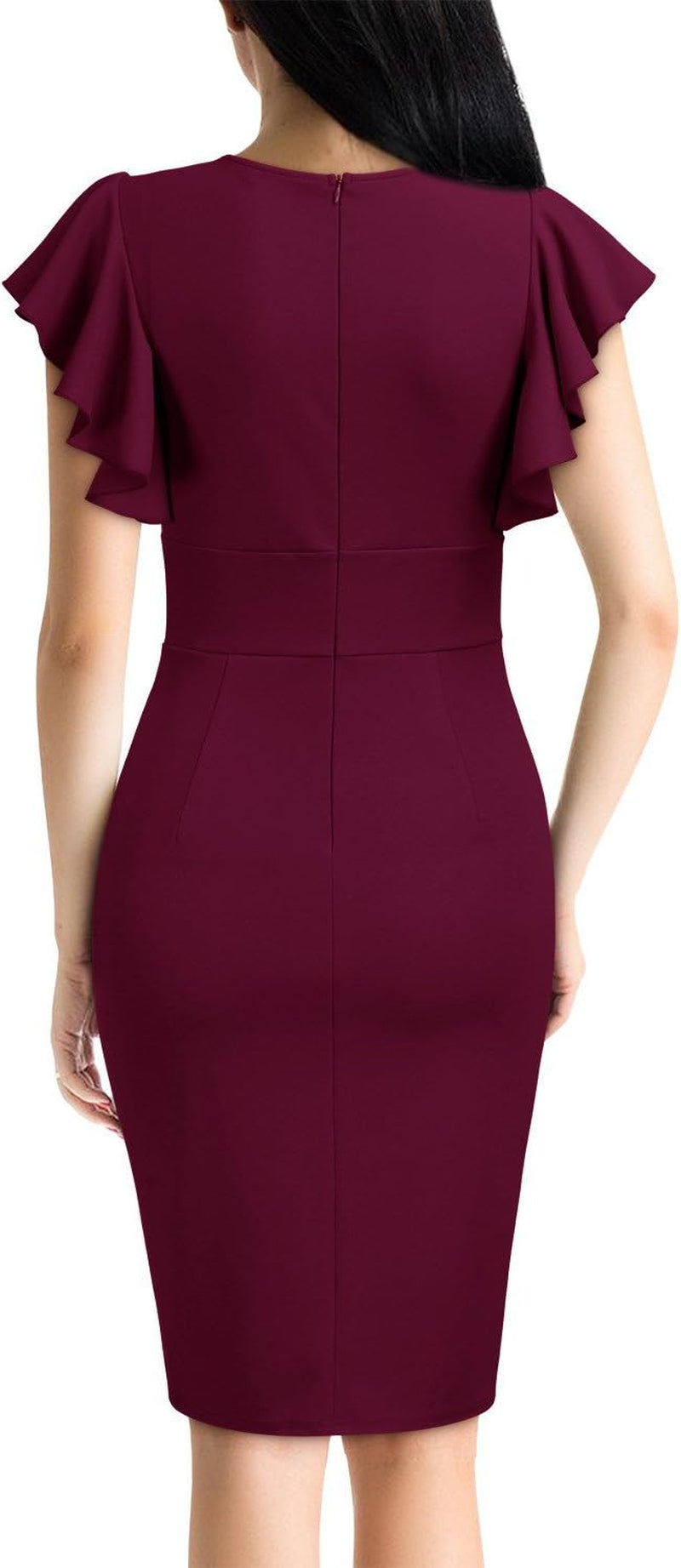 Women'S Deep-V Neck Ruffle Sleeves Cocktail Party Pencil Slit Formal Dress